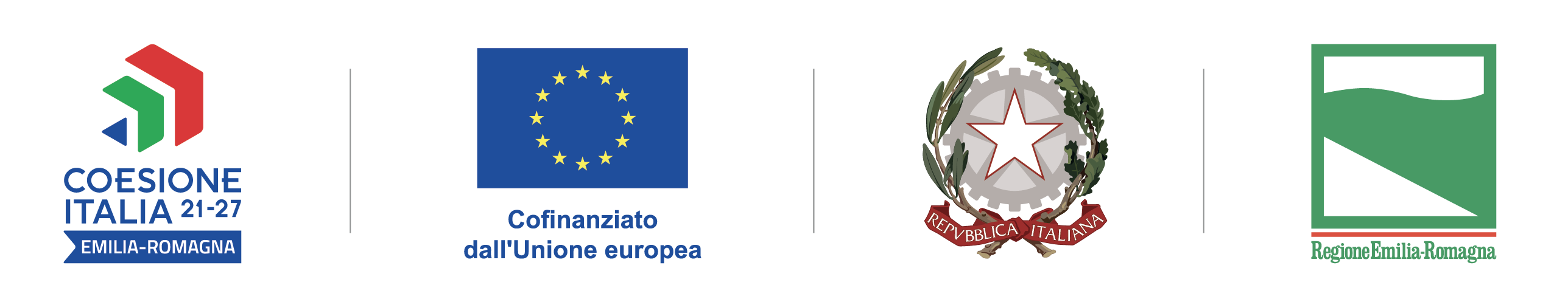 Loghi finanziamento Unione Europea, Repubblica Italiana e Regione Emilia-Romagna - Fondi Coesione 2021-2027